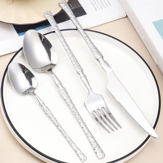French Style Cutlery 304 Stainless Steel Hammered Texture Tableware Non-Slip Handle Small Waist Design Serrated Knife Sharp Fork Spoon