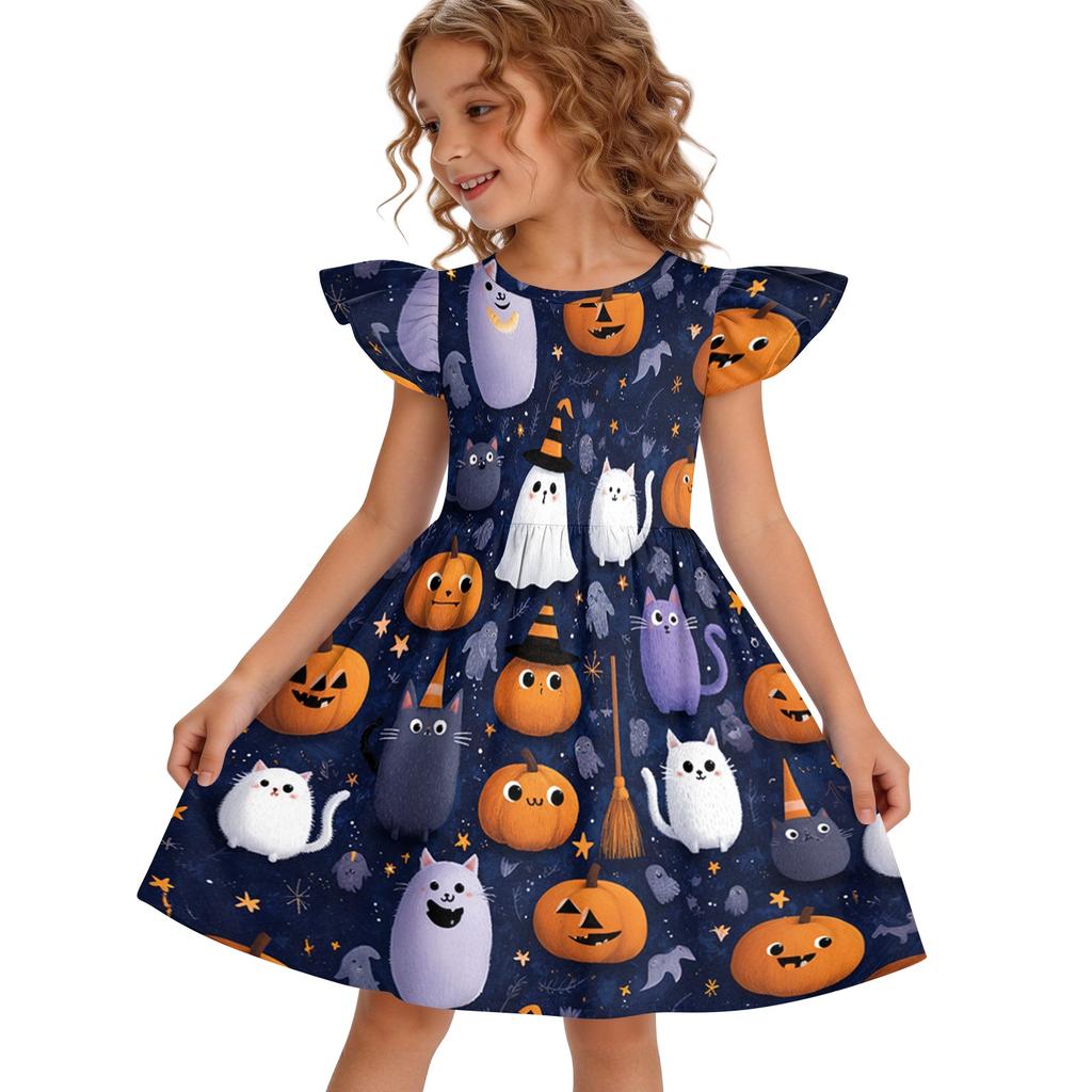 Girls Halloween Dress Flutter Sleeve Ghost Print Patchwork Skater Dress Kids Casual Party Dress with Round Neck and Short Sleeves