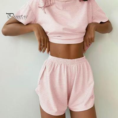 Set da 2 pezzi, completo estivo da casa, top e pantaloni, pigiama a righe, pigiama largo, maglietta a maniche corte, elastico in vita e pantaloncini con spacchi.