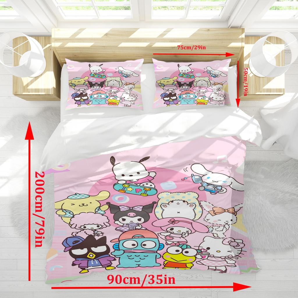 Sanrio My Melody Kuromi Pochacco Anime Bettbezug-Set Comforte Bedruckte Cartoon-Bettwäsche-Sets für Doppelbetten Weihnachtsgeschenke 3-teilig