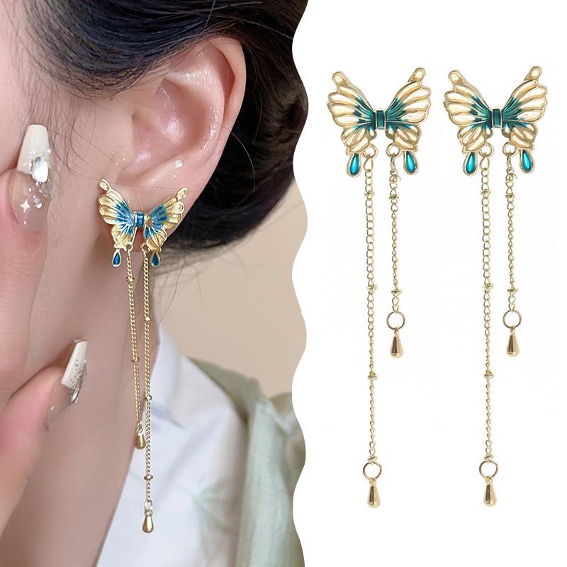 

1 пара винтажных классических элегантных сережек-гвоздиков в виде бабочек для женщин и девушек, легкие роскошные высококачественные простые длинные серьги-кисточки