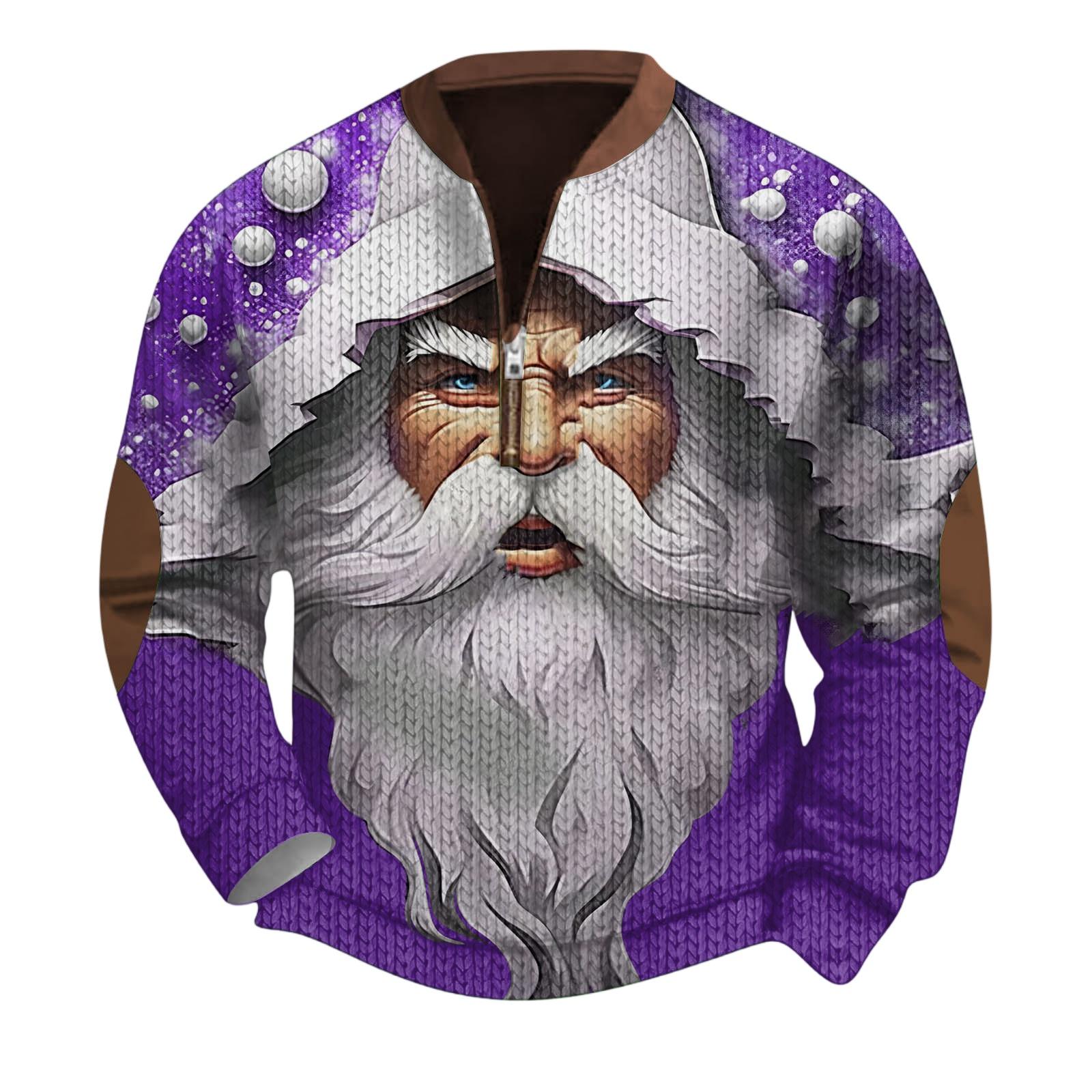 

Мужской рождественский свитер на молнии, винтажный вязаный графический свитшот, рождественский пуловер со стойкой S фиолетовый