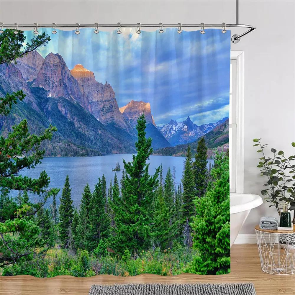 Sonnenschein Grün Wald Braun Fenster Duschvorhänge Bäume Pflanzen Natur Landschaft Polyester Badezimmer Vorhang Set Dekor Mit Haken