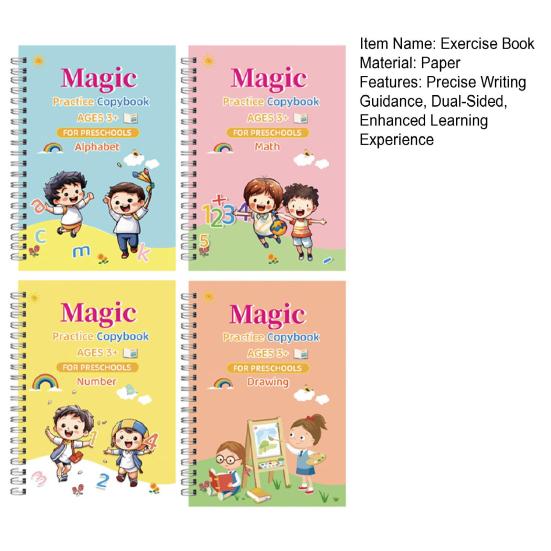 4Pcs Writing Exercise Book for Children Ages 3-10 Handwriting Workbook Kit with Letters Numbers Math Paintings English Groove Practice Copybook
