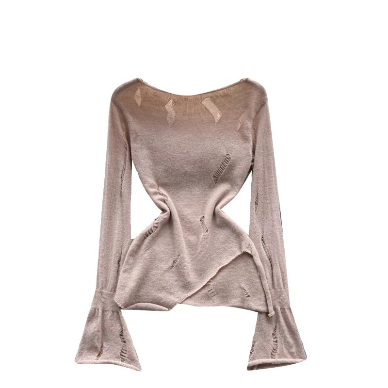 Ležérní pletený svetr Pure Desire pro ženy s dutým vintage designem, nepravidelný svetr, elegantní dámská móda s dlouhým rukávem, podkladová košile