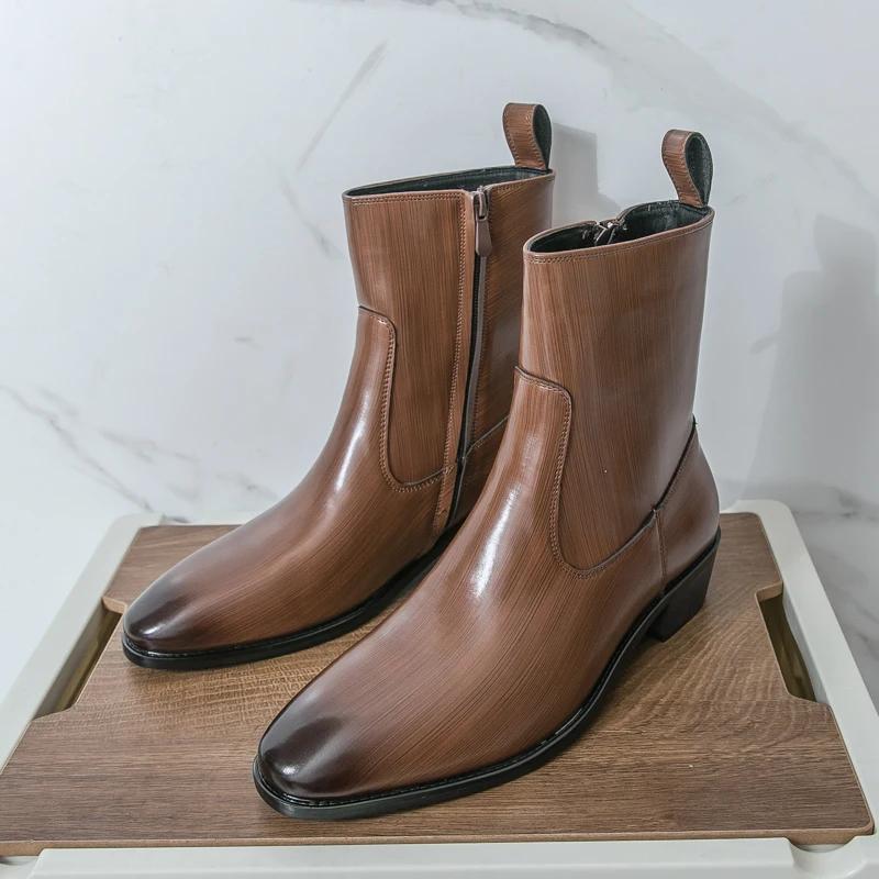 

English Style Chelsea Long Boots for Men Black Luxury Brand Mens Shoes Rubber Casual Shoes for Men Leather Winter Boots Zapatos 38 коричневый