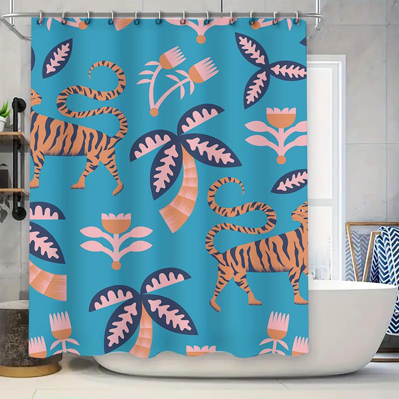 

Creative Shower Curtain Featuring Tiger Print Leaves Waterproof Fabric For Bathroom Decorations W60H190(CM)-1 Pcs