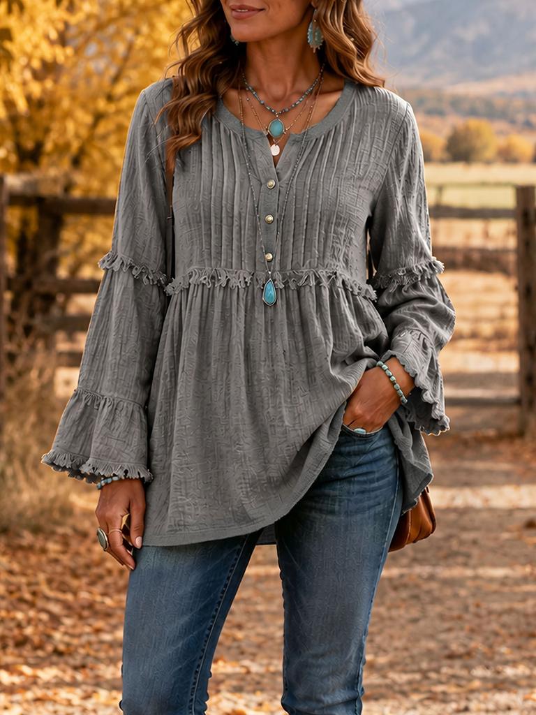 Women V Neck Ruffle Sleeve Blouse Casual Loose Fit Frill Tunic Top