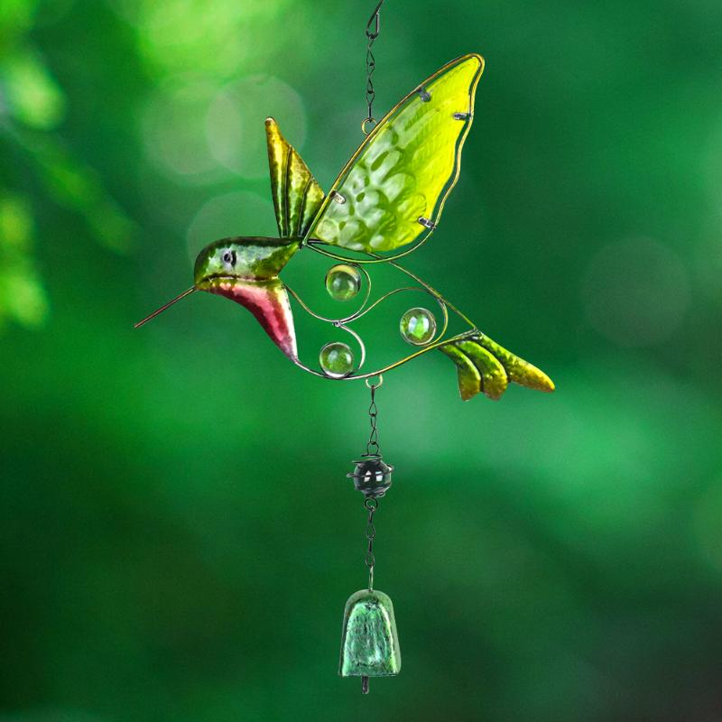 Charms Lucky Hummingbird Kingfisher Crystal Ball Bell Sound Dangle Metal Wind Chime Pendant Fairy Garden Balcony Hanging Decor
