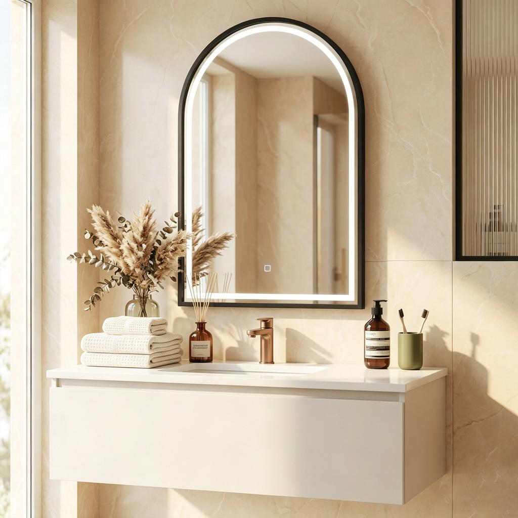 Bathroom Mirror with Lighting, 60 x 90 cm, Arched LED, Anti-Fog, 3 Light Colors, Dimmable, Black