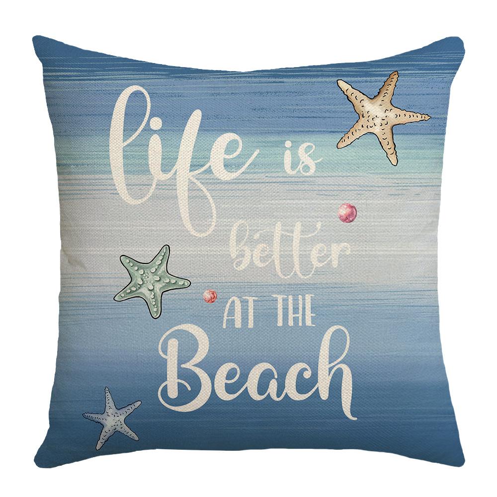 Spring New Printed Pillow Linen Sofa Pillow Case Letter Marine Life Blue Pillow Case