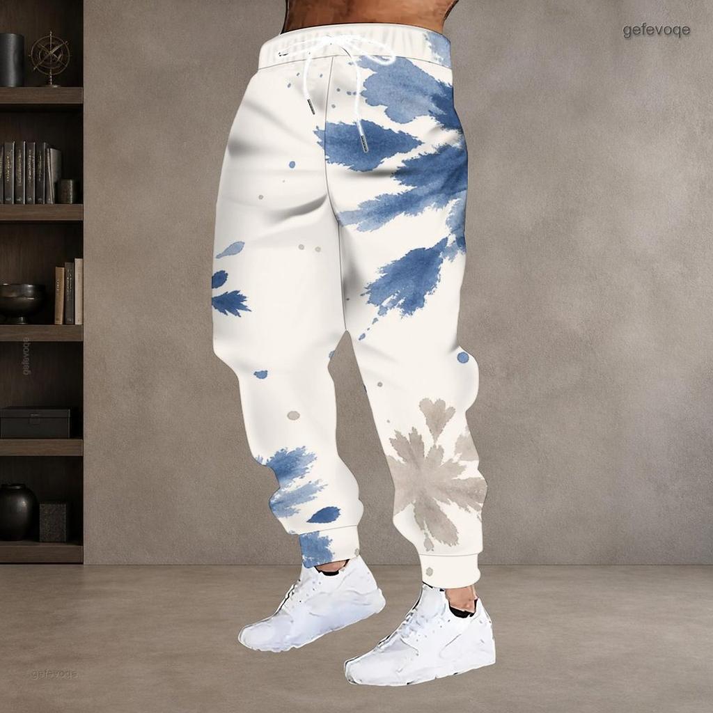 Men S Plus Size Abstract Leaf Geometric Printed Drawstring Waist Jogger Pants Side Pockets Cuffed Ankle