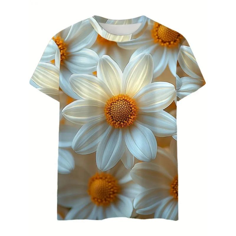 Women's Summer Round Neck Short Sleeved T-shirt Paired with 3D Floral Print Casual Top Breathable and Machine Washable Suitable for Outdoor Daily Wear