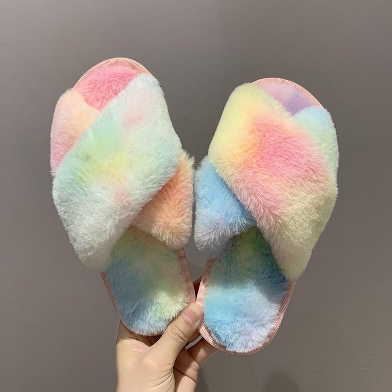 Winter New Women Slippers Faux Fur Cross Fluffy Flat Slippers Women's Home Floor Flip Flops Fashion Plush Warm Slippers WSH3748
