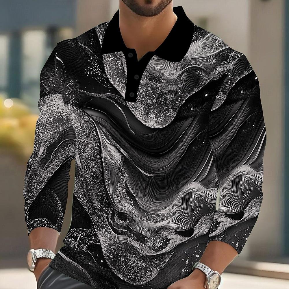 Men's Abstract Marble Long Sleeve Polo Shirt Breathable Business Casual Top Slim Fit Quick Dry Multi Colors Fall Winter