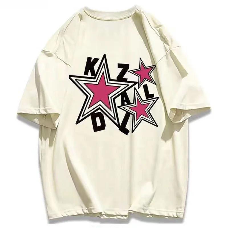 

100% Хлопок Футболка с принтом звезд Футболка с коротким рукавом Корейский стиль Хип-хоп Уличная одежда Y2k Летняя женская футболка Оверсайз Свободные топы XXXXXL армия зеленый