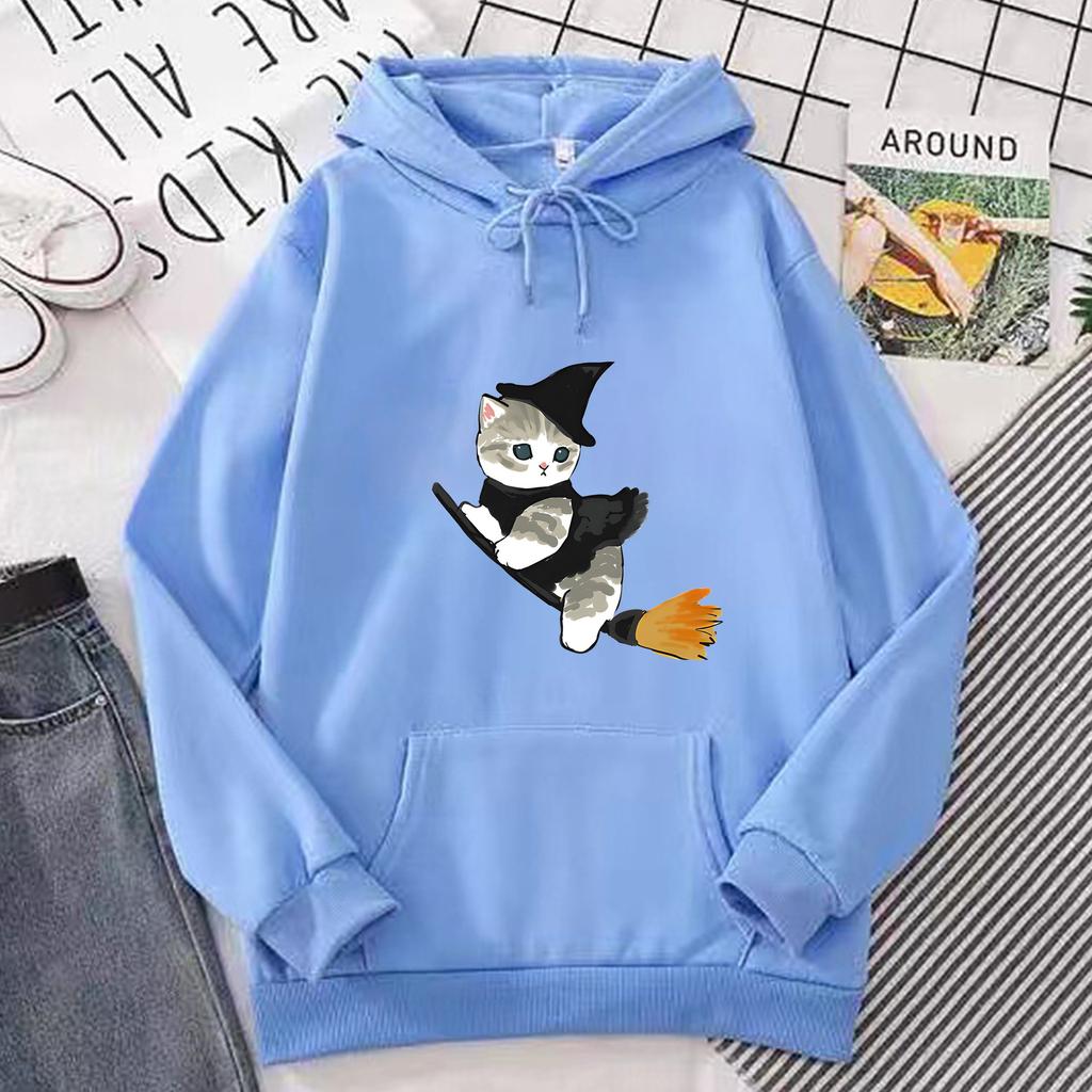 European and American Autumn and Winter Witch Cat Print Hoodie Sweatshirt for Men and Women, Korean Style Casual Tops for Couples