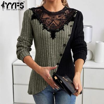 Damenmode Lässig Frühling Herbst Farbblock-Print Langarm O-Ausschnitt Blusen & Hemden