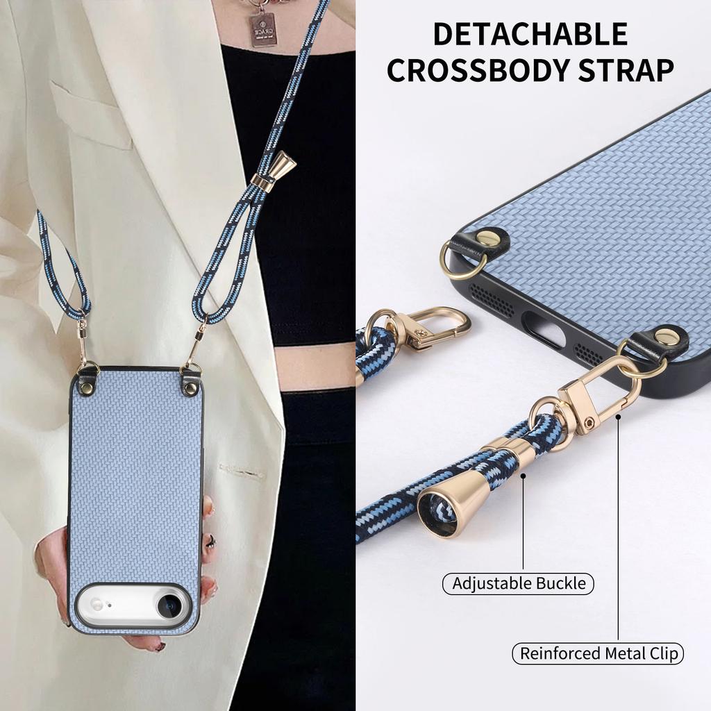 For iPhone Air Case Carbon Fiber Texture PU+PC+TPU Anti Drop Phone Cover with Crossbody Lanyard