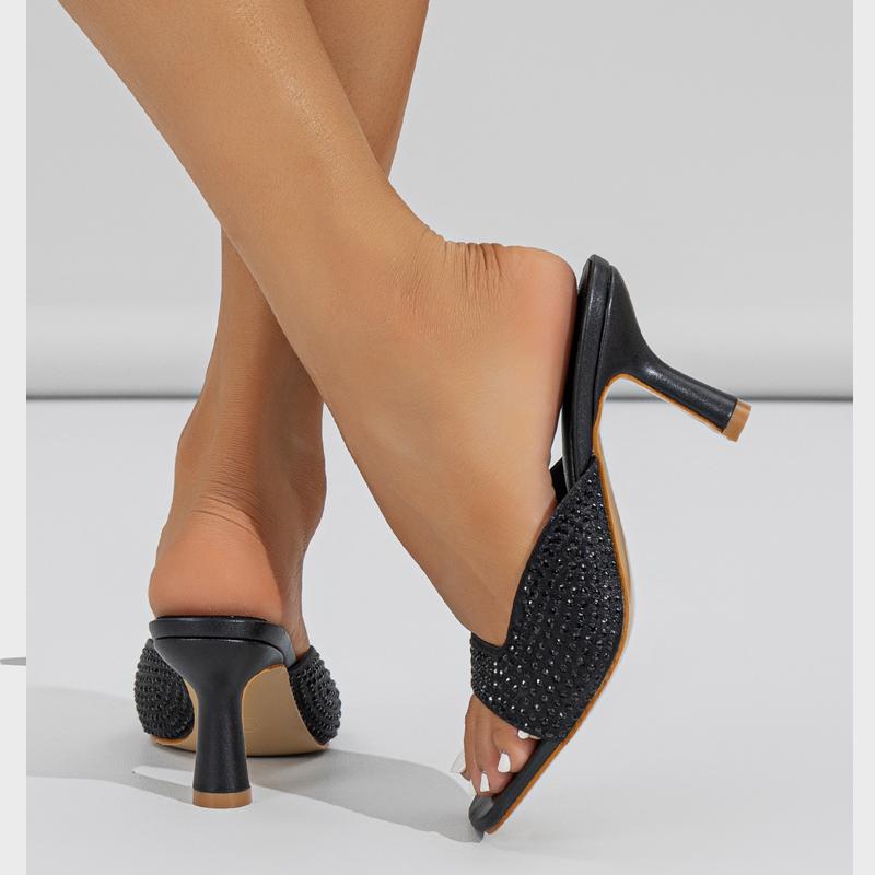 Eilyken CRYSTAL Diamond Square Toe Women Slippers 2025 Summer Shallow Mouth Low Heels Party Dress Slide Shoes