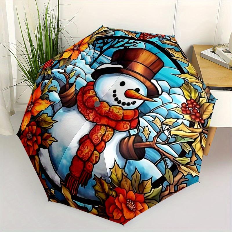 1pc Snowman Pattern Automatic Opening/Closing Folding Umbrella with 50 Ribs, Plastic Handle, Windproof Portable Sunshade Umbrella Halloween
