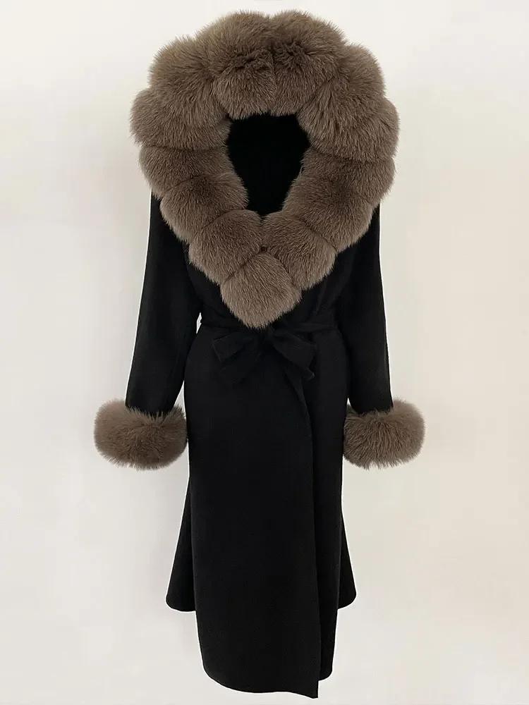 OFTBUY Autumn Winter Women Coat Real Natural Fox Fur Collar Hooded Double-faced Woolen Blends Jacket Thick Warm Casual Overwears