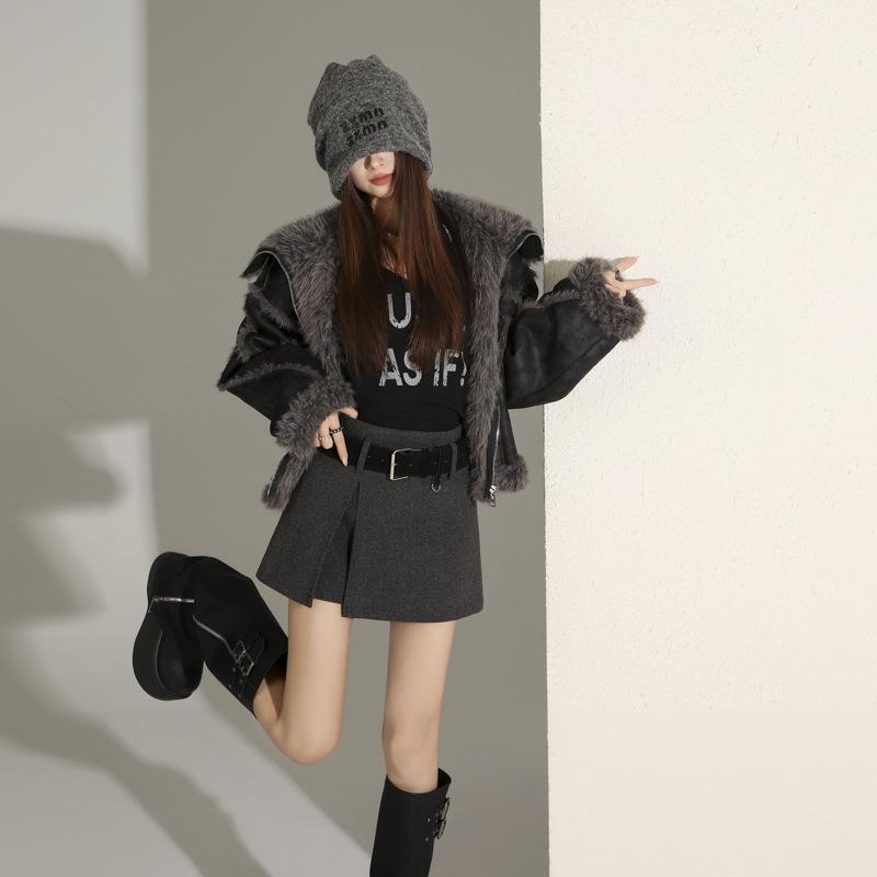 Spicy Girl Fashion Wool Plaid Skirt Shorts with Belt: Women's Autumn/Winter Anti-Exposure Design