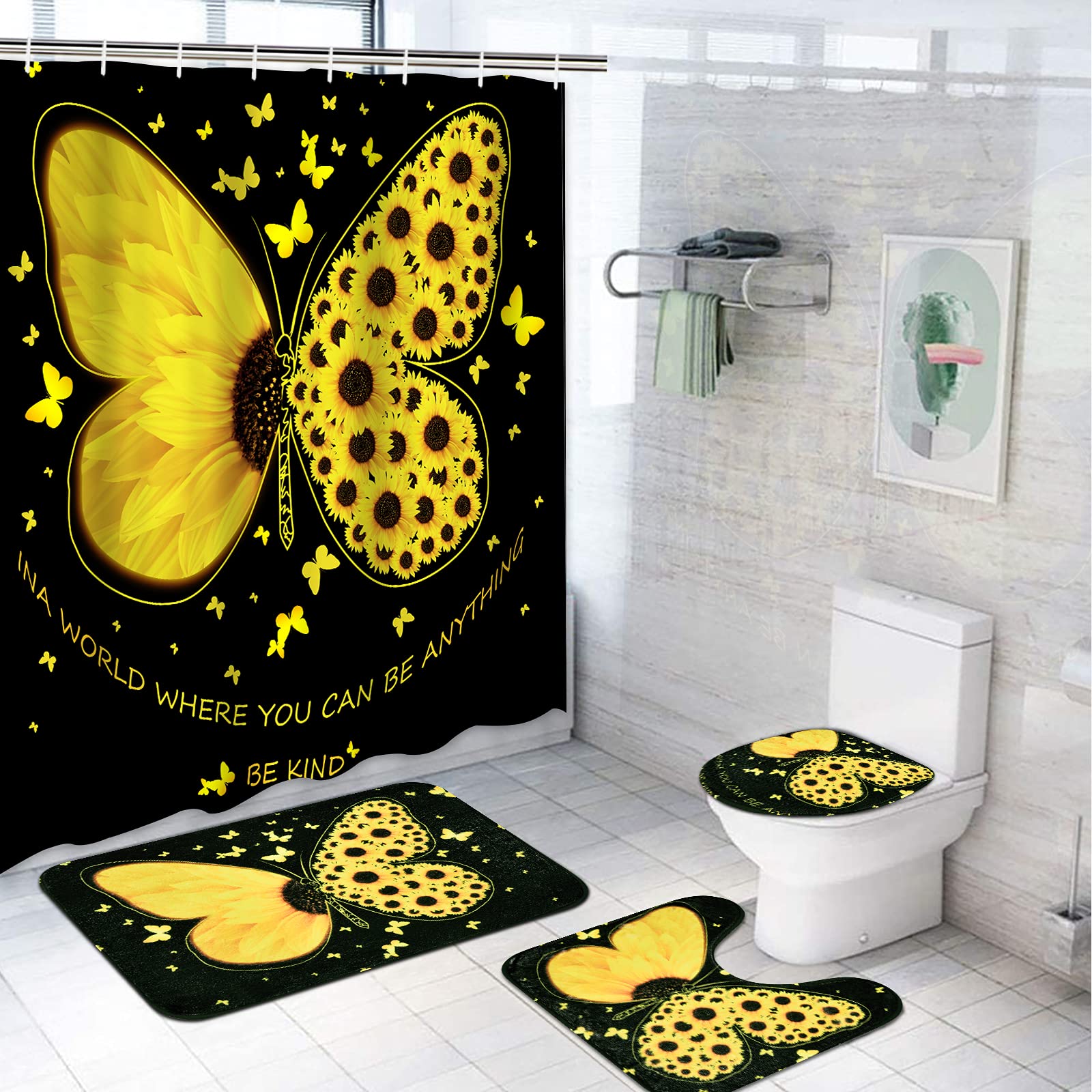 

Sunflower Butterfly Waterproof Shower Curtain Bathroom Mats Set Toilet Lid Cover Rugs Anti Slip Carpets Shower Room Floor Mats W60H190(CM)-1 Pcs