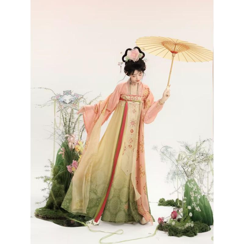 Womens Tang Dynasty Style Hanfu Set With Embroidered Peasant Skirt Chiffon Top Sash Fall Winter Wear
