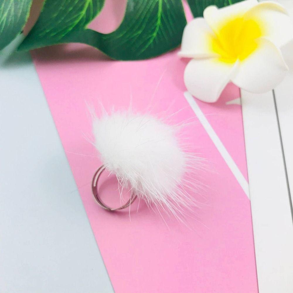 Opening Adjustable Pompom Fur Ball Ring Alloy Ring Cute Fur Ball Mink Hair Finger Ring  Women