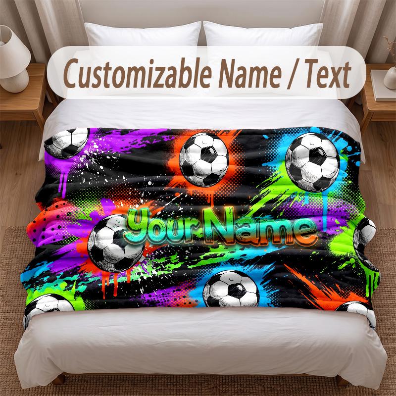 Soccer Theme Soft Blanket Personalized Custom Name Text Print Warm Blanket Home Sofa Bedroom Decor