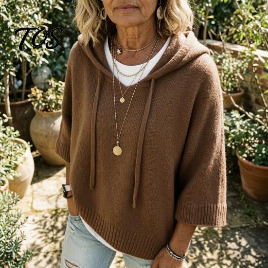 Long Sleeve Tops Autumn Women Knit Pullover Sweater, Loose Fit Drawstring Hooded Oversized Sweaters 3/4 Drop Shoulder Solid Color Casual Sweater Soft
