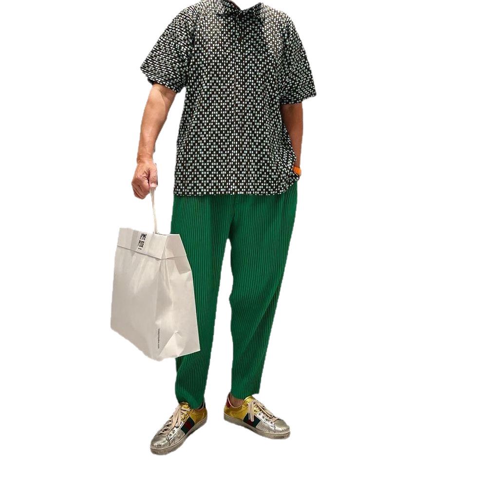 Miyake-Style Men's Pleated Tapered Nine-Point Pants with Drawstring