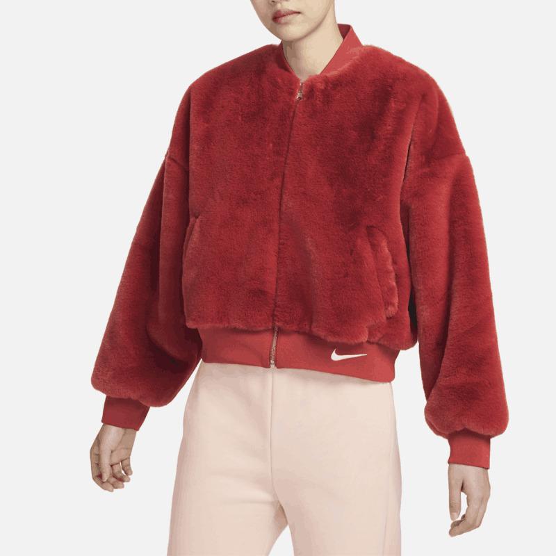 Nike Ensfarget ståkrage reversibel avslappet jakke i fuskepels damejakker rød FB8693-832