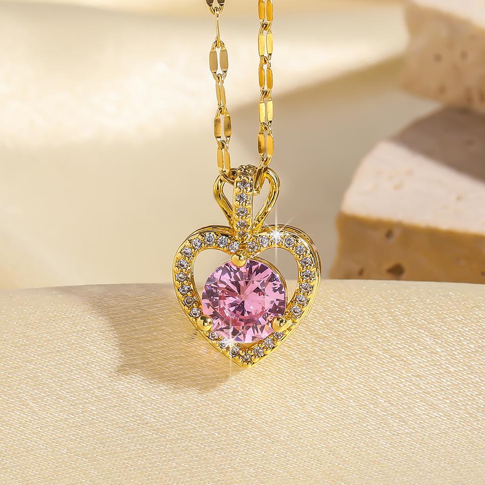 

Модные ожерелья Сердце Океана из нержавеющей стали с кубическим цирконием для женщин и мужчин, металл золотого цвета, кристалл, для вечеринки, на каждый день, циркон розовый