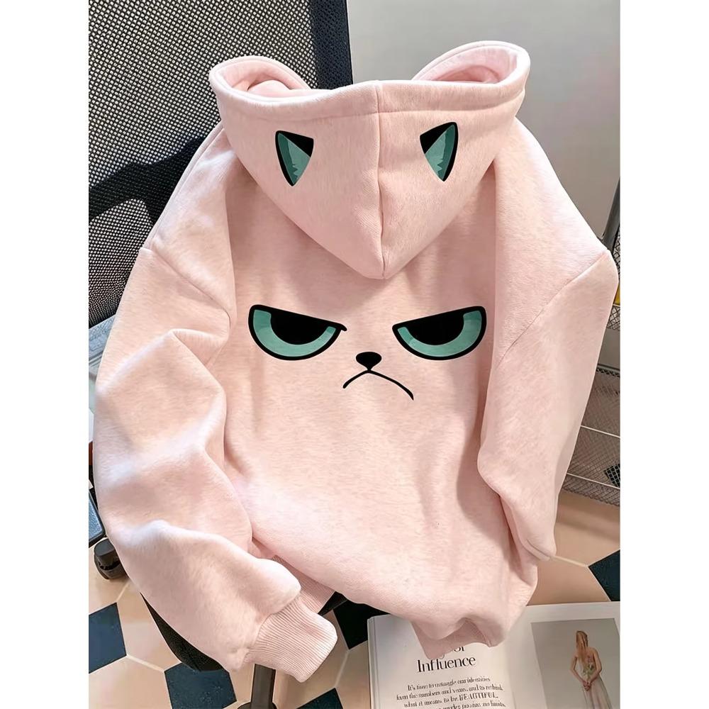 Cartoon Grumpy Cat Print Hoodie For Women Creative Hood Cat‑Ear Design Long Sleeve Casual Oversized Hooded Pullover Sweatshirt