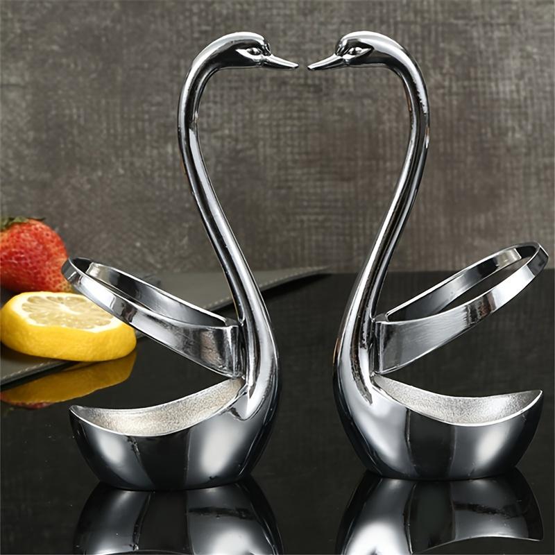 6pcs Set Stainless Steel Fruit Fork  Dessert Fork, Cake Two Tooth Fork, Creative Swan Base Tableware Storage Rack