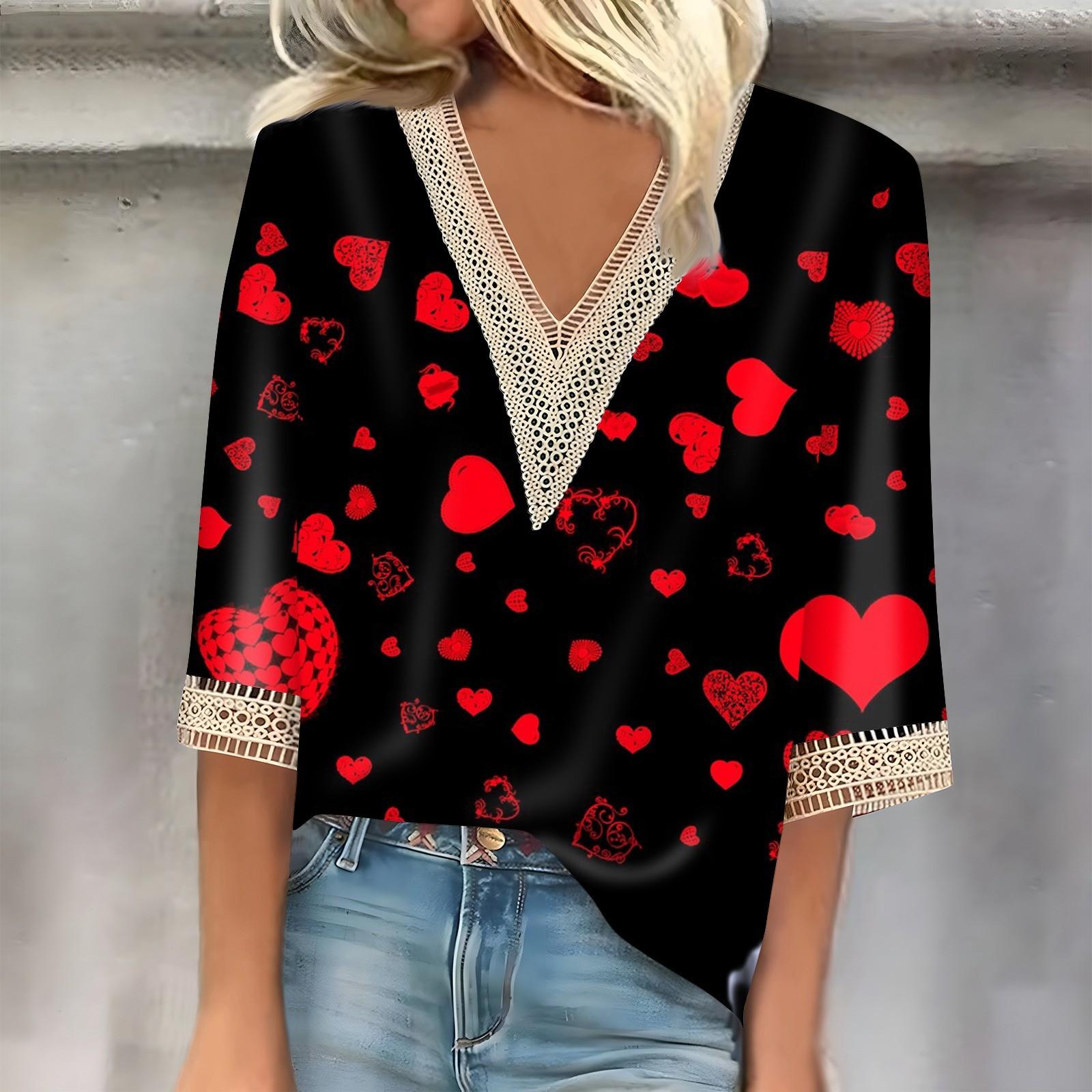 

Женский топ с рукавом три четверти, кружевной, с принтом ко Дню святого Валентина, модный, базовый, с V-образным вырезом, обычный топ XXXL киноварь