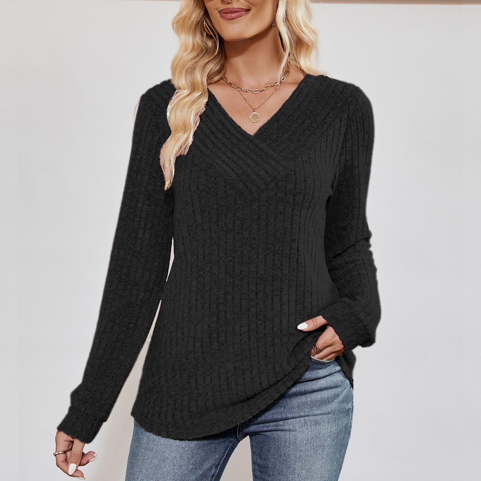 Women s Fashion Color Long Sleeve V Neck Casual Pullover T-shirt Top L