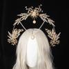 Handmade Lolita Sun Goddess KC Halo Crown Wedding Bride Baroque Pearl Gilded Crystal Leaf Crown Headpiece Tiara Hair Accessories