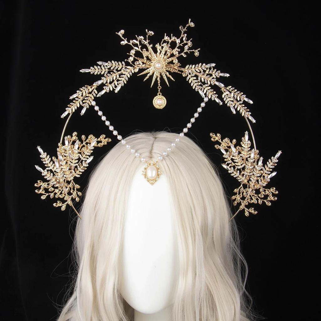 Corona Halo KC Dea del Sole Lolita Fatta a Mano Corona Nuziale Sposa Corona Foglia Cristallo Dorato Barocco Accessori per Capelli Tiara