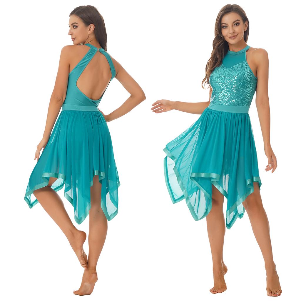 Bayan Parlak Payetler Patchwork Elbise Halter Backless Asimetrik Hem Örgü Elbiseler Dans Performansı Kostüm