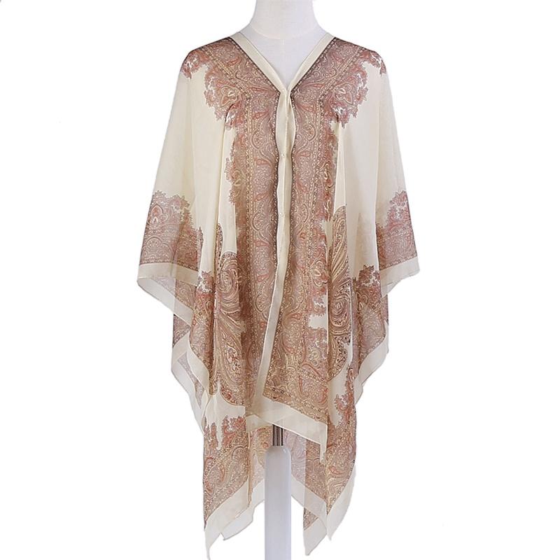 Elegant 2018 Women Chiffon Blouse Coat With Boho Floral Design For Beach Cover Up