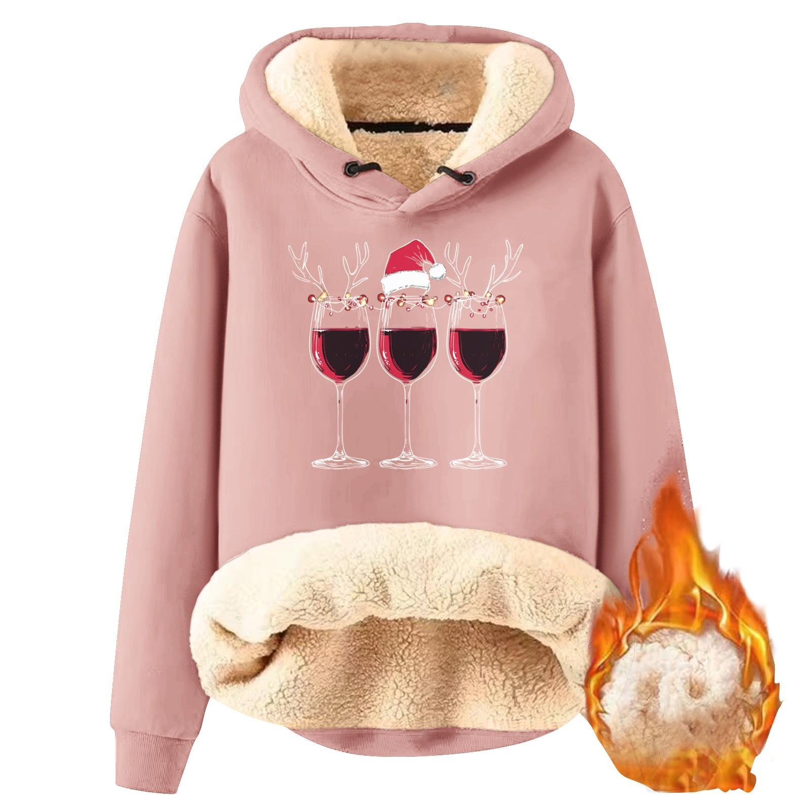 

Women s fashionable hooded Christmas print and fleece warm loose pullover hoodie S рожевий