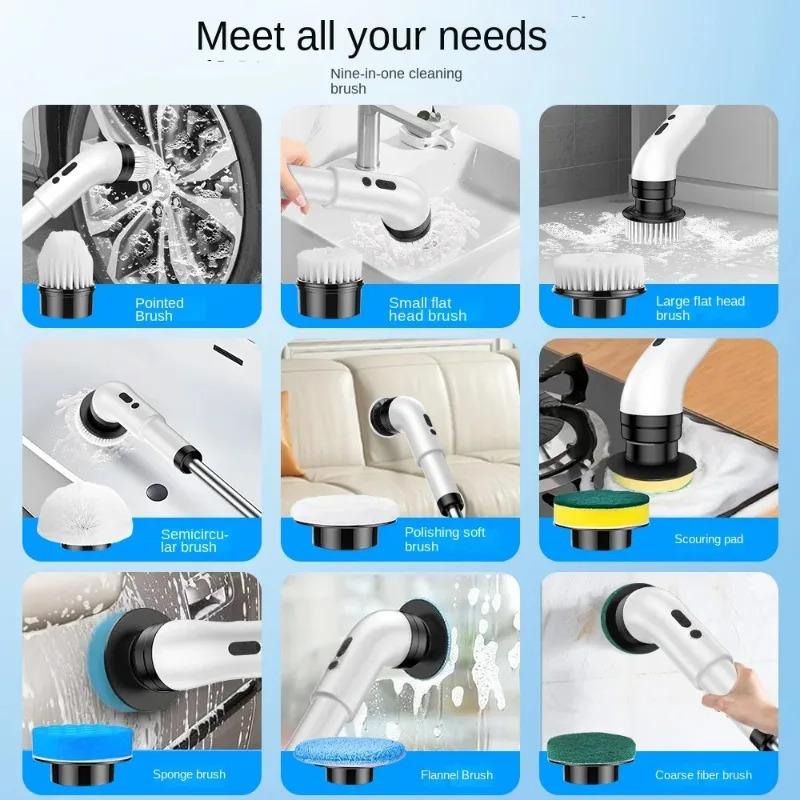 Household Nine In One Multifunctional Handheld Electric Cleaning Brush With Telescopic Function Bathroom For Floor And Kitchen