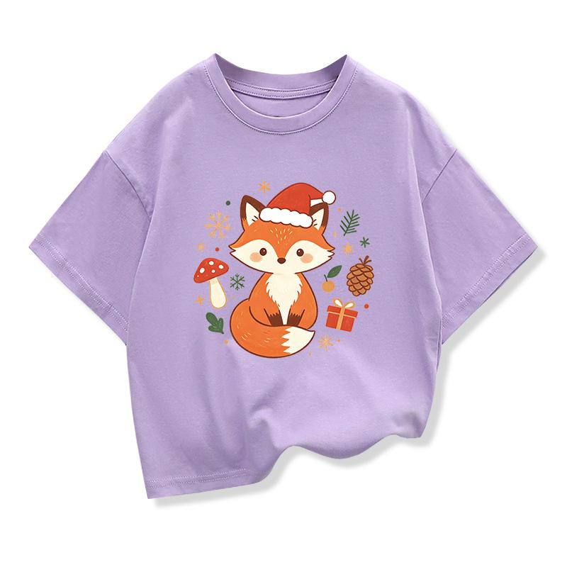 New Cute Cartoon Fox Printed Christmas Children's Gift T-shirt Summer Children's Short Sleeve Printed T-shirt Kids Tops Clothes