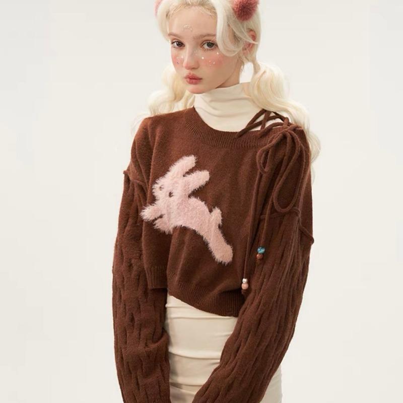 

Женский вязаный свитер с узором кролика, круглым вырезом и шнуровкой, женский пуловер с длинным рукавом, теплый, модный, женский свободный топ для осени и зимы one size коричневый