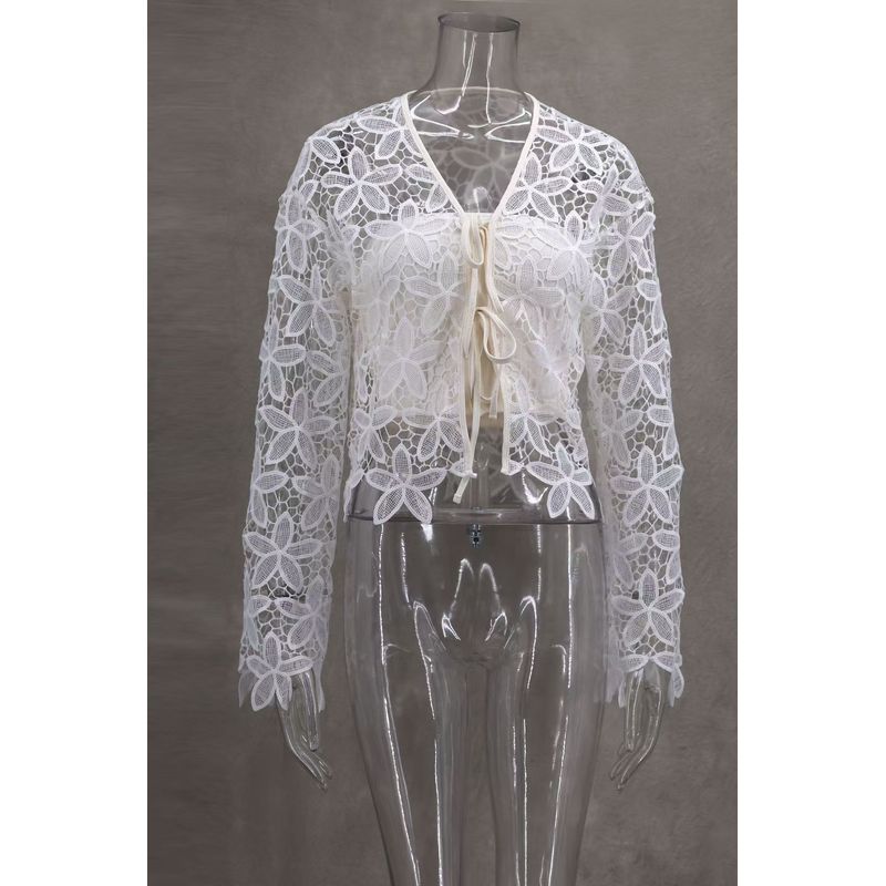 

Европейская и американская мода Сексуальный топ-рубашка с вырезами и кружевом На шнуровке Длинный рукав Кружевная рубашка White S