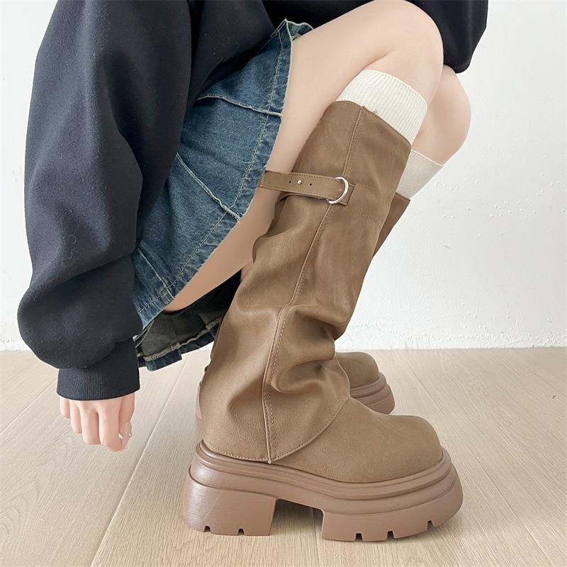 Popularne retro Maillard buty na platformie z podwyższeniem damskie 2025 nowe letnie ale buty rycerskie wyszczuplające kolano