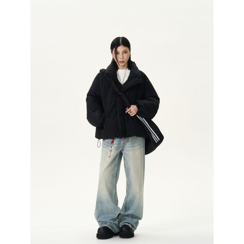 Kisko Winter Thickened Warm Deconstructed Design Stand Collar Black Cotton Jacket Unisex Casual Puffer Short Wide Coat